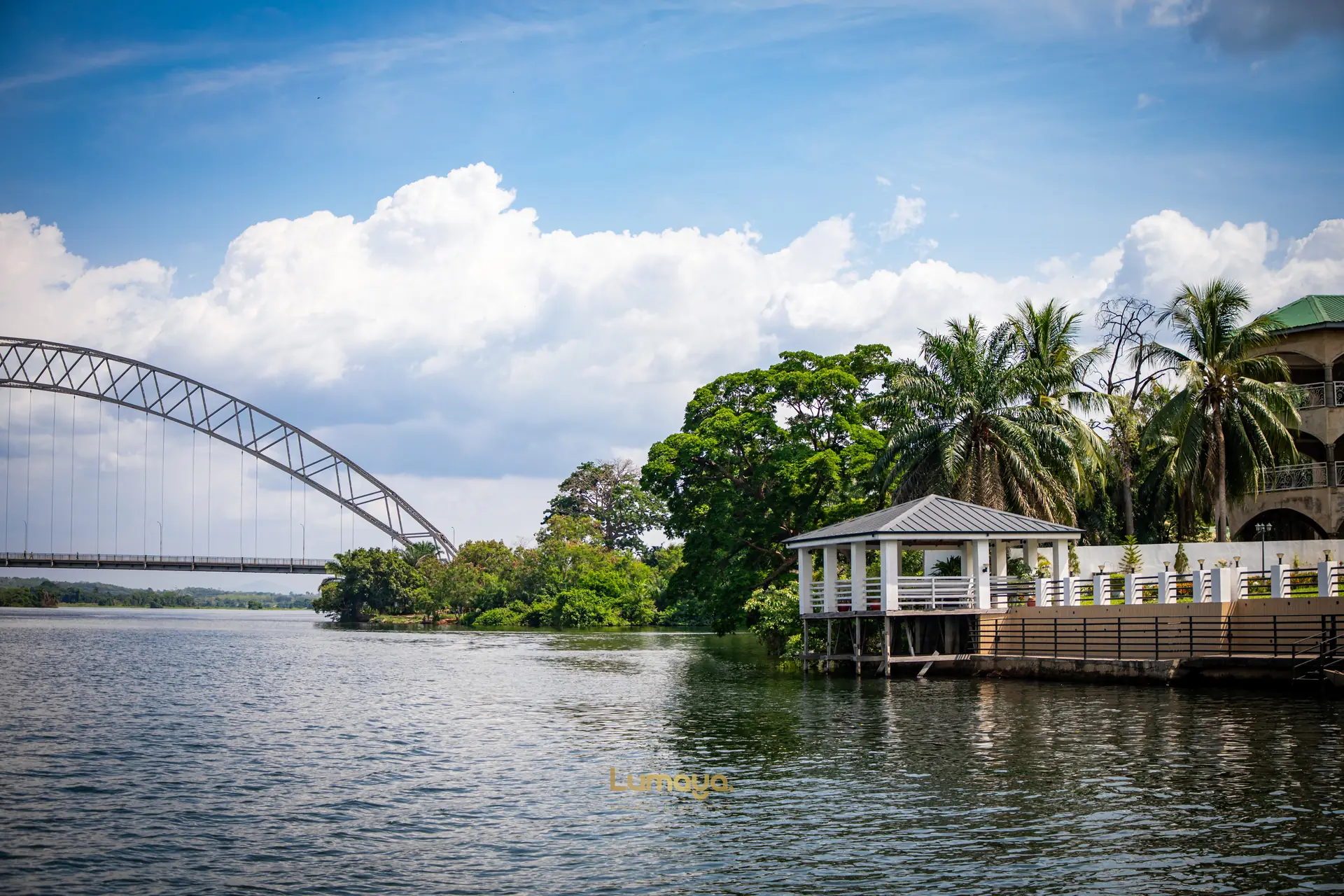 The Adomi Bridge over the Volta Lake, seen from a lakeside pavilion